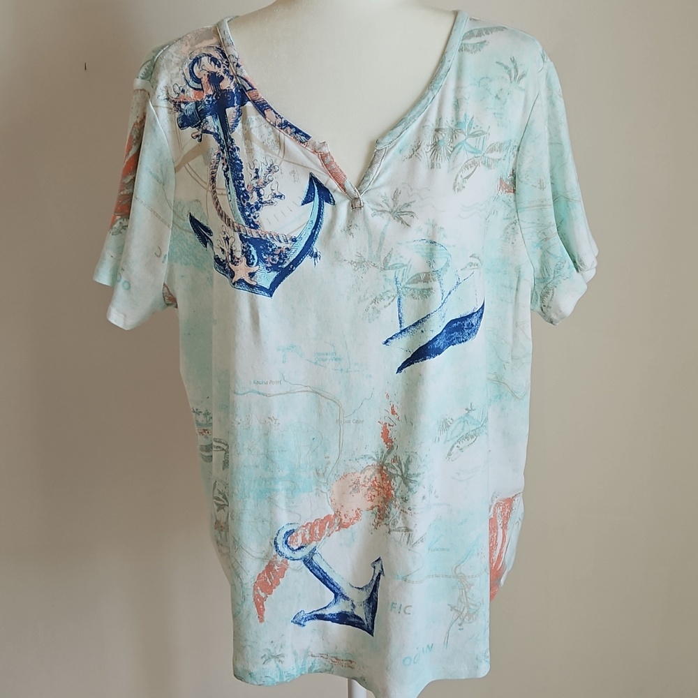 Chico's XXL Nautical Print Short Sleeve Cotton Tee Coastal Summer Beachy Flaw